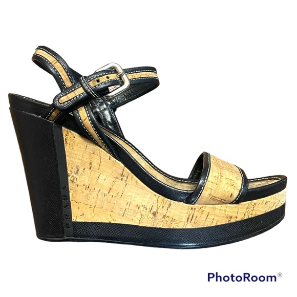 Prada Sport Cork And Black Leather Trim Slingback Wedge Strapy Sandal Size 38.5 - Picture 2 of 2
